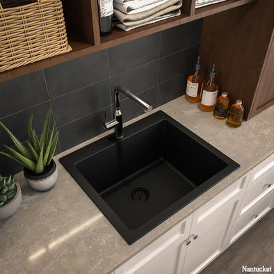 Black, Granite Composite, Undermount, Rectangular, Single Bowl
